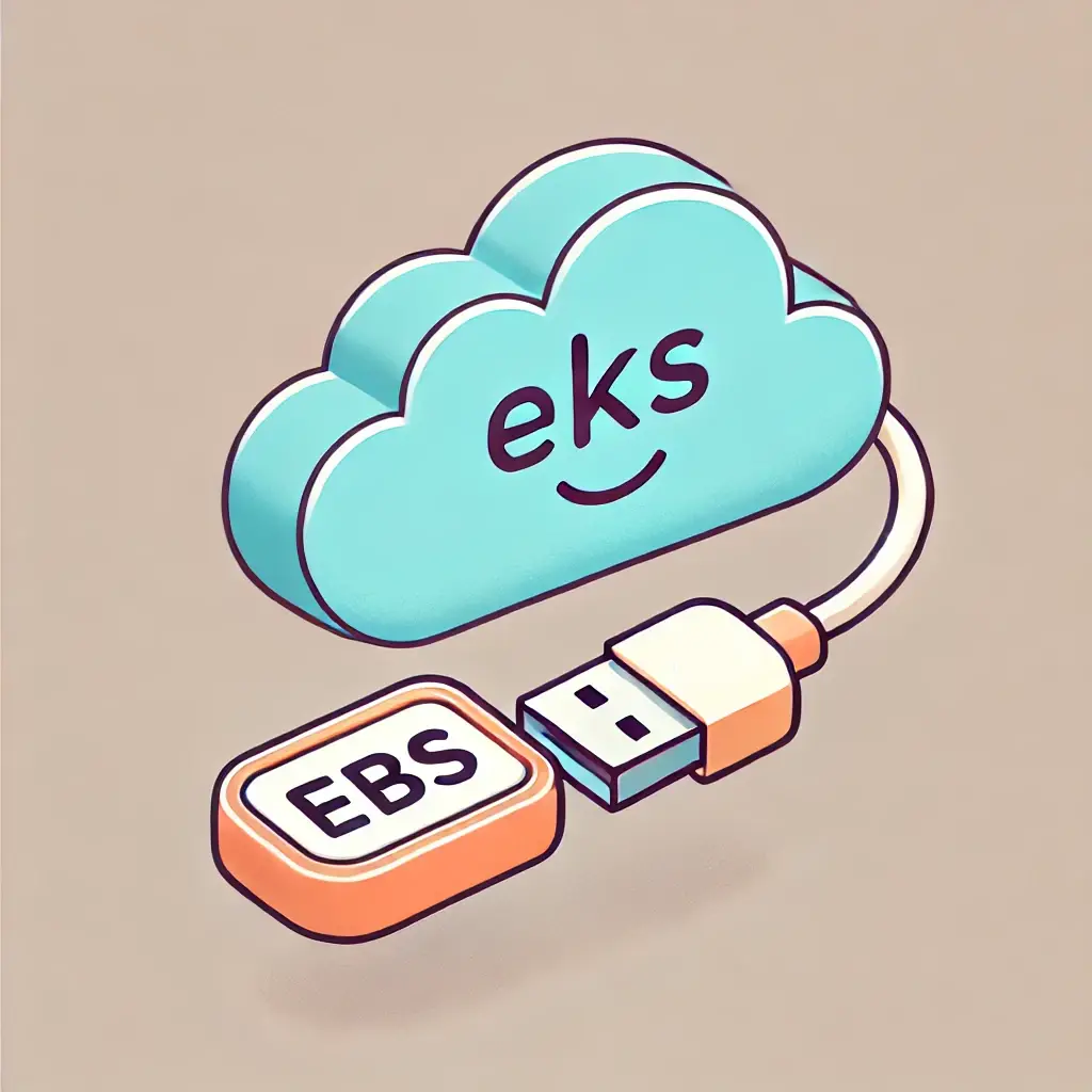 DALL-Es idea of "a cloud that says "EKS" with an usb stick plugged in, with the writing "EBS" on it"