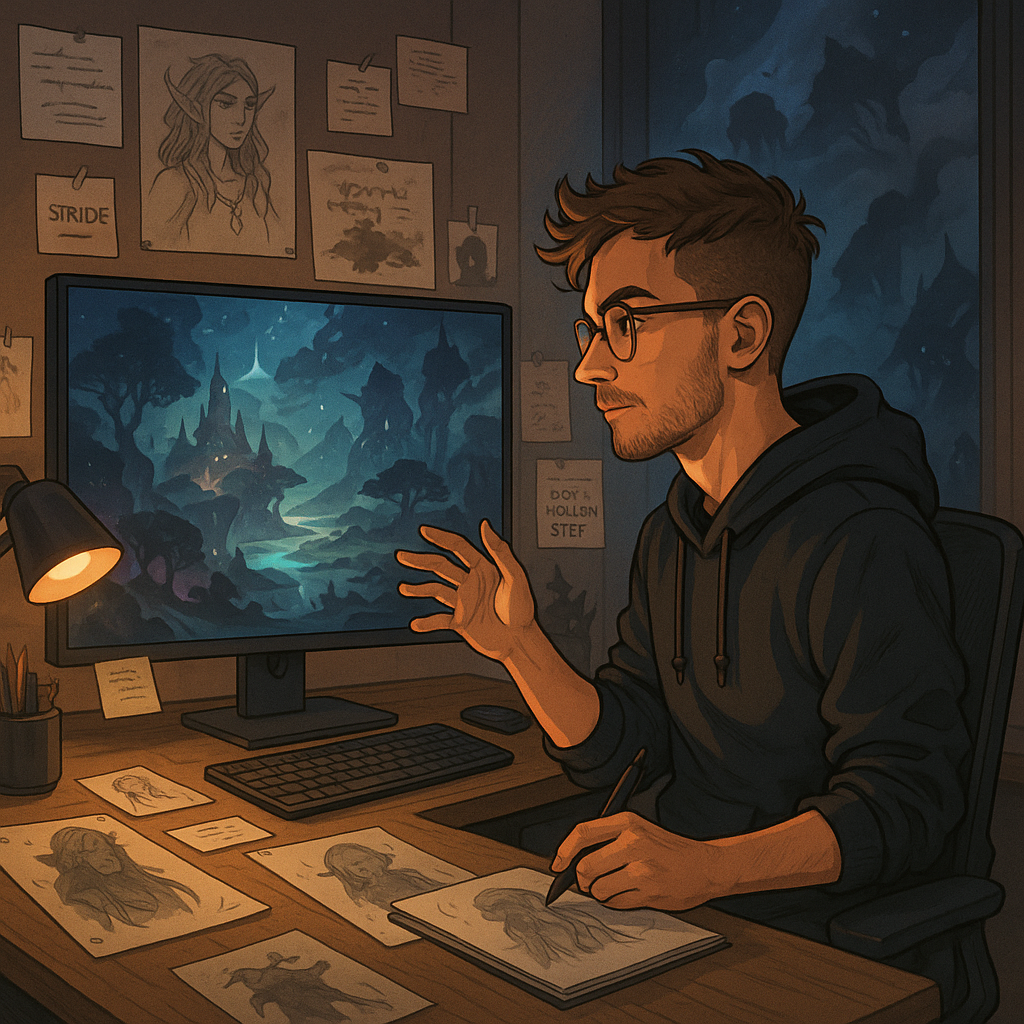 Indie game developer creating fantasy RPG "Stride" at desk with concept art and magical world on screen.