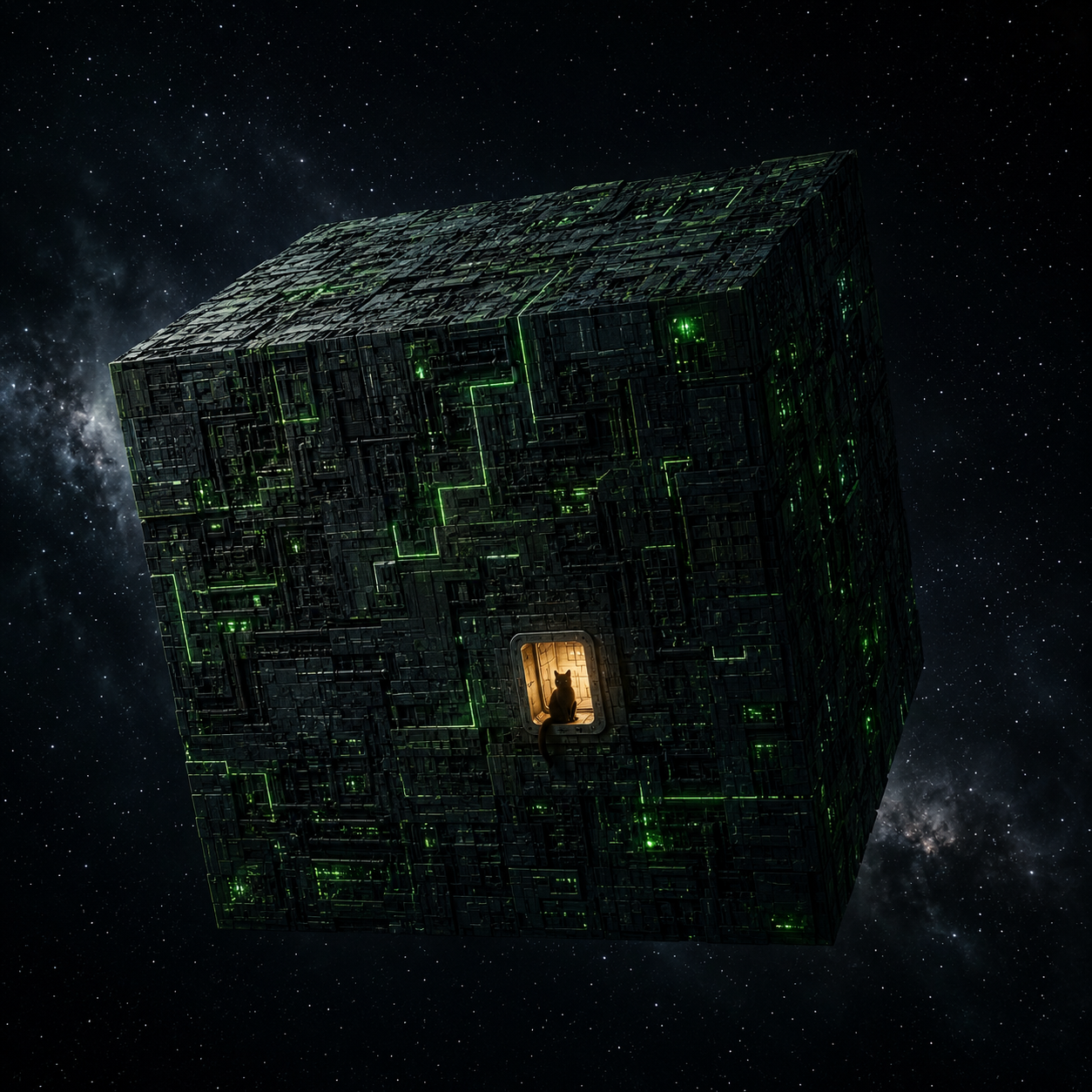 A Borg cube in space with a cat sitting in a tiny illuminated cat flap on one of its faces.
