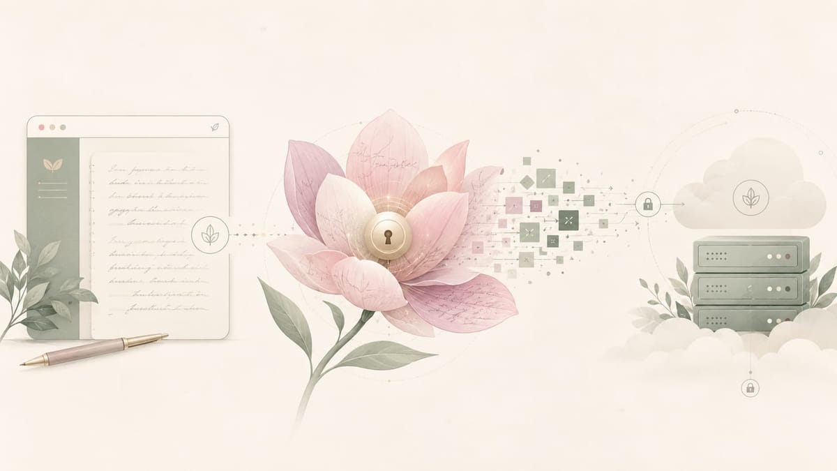A journal in a browser window flows into a pink lotus flower with a golden keyhole at its center, dissolving into encrypted blocks that travel to a cloud and server stack.