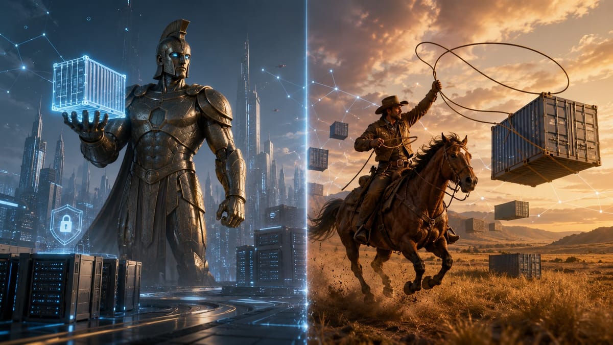 Split image: left, an armored bronze giant holds a glowing container in a futuristic city; right, a cowboy on horseback lassoes a shipping container across a sunset prairie.