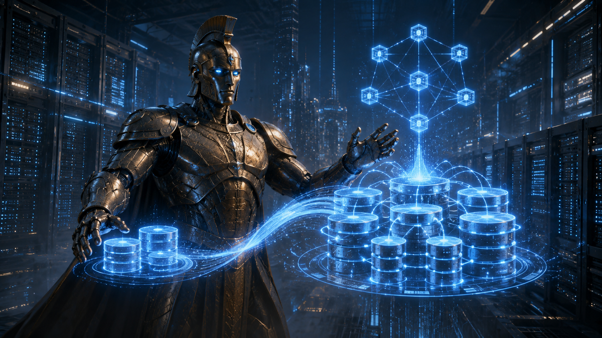 An armored bronze giant with glowing blue eyes stands in a data center, gesturing toward a glowing network of stacked storage disks, with server racks behind.